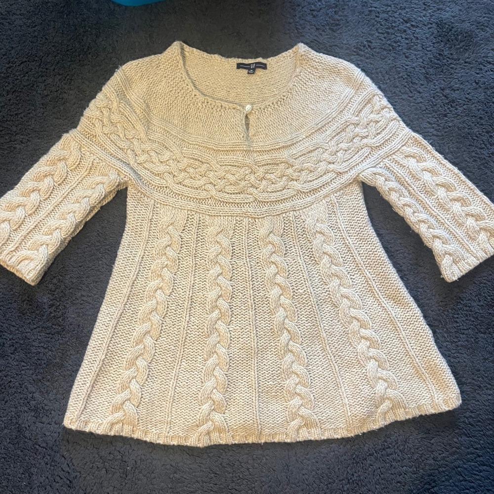 Gap Wool blend Cable Knit Babybdoll Sweater Womens M Beige Y2K Chunky Coquette